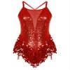 FEESHOW Women Fringe Leotard Sequin Leotards Shiny Tassel Latin Dance Costumes Jazz Dance Tops Bodysuit Red Large view 3