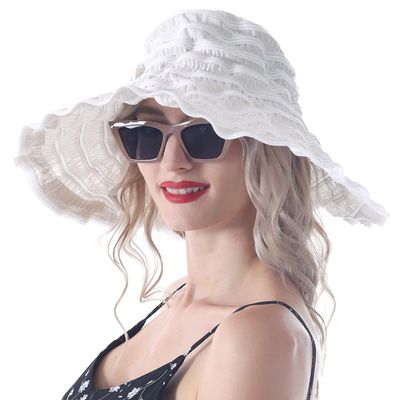 Women Vintage Beach Sun Hats Travel Folding Wide Brim Summer UV Hat (White)