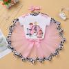 IMEKIS Farm Animal Cake Smash Outfit Girl Barnyard Fourth 4th Birthday Shirt Mini Tutu Skirt Kids Gingham Dress Headband Toddler Holy Cow Im Three Party Clothes Cowgirl Photoshoot Pink 4T view 2