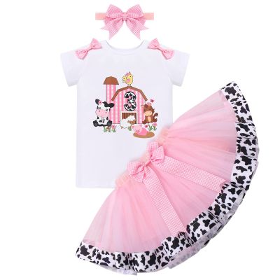 IMEKIS Farm Animal Cake Smash Outfit Girl Barnyard Third 3rd Birthday Shirt Tutu Skirt Baby Gingham Dress Headband Toddler Kids Holy Cow Im Three Party Clothes Cowgirl Photoshoot Pink 3T