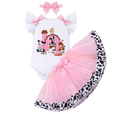 Farm Animal Cake Smash Outfit Girl Barnyard First 1st Birthday Outfits Romper Tutu Skirt Baby Gingham Dress Headband Toddler Holy Cow Im One Party Clothes Cowgirl Photoshoot Pink 1T