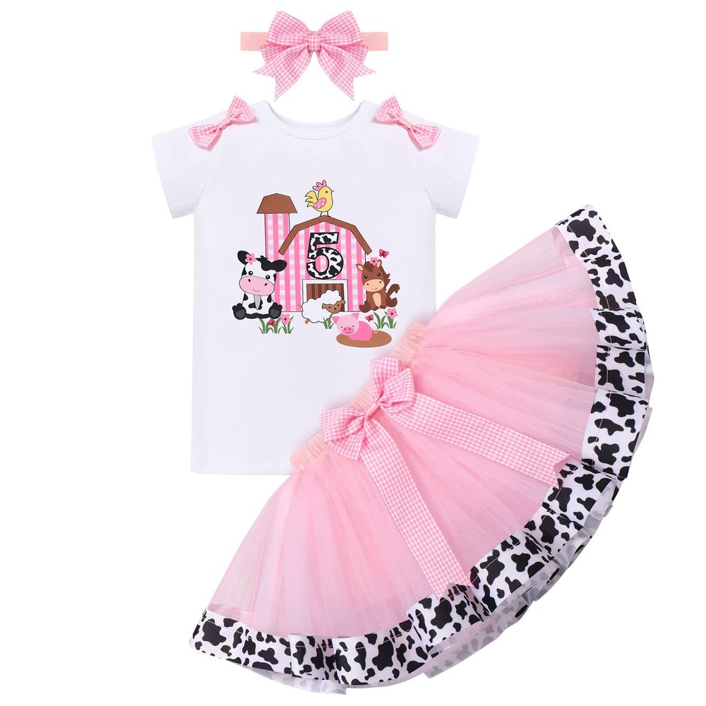 Farm Animal Cake Smash Outfit Girl Barnyard Fifth 5th Birthday Shirt Mini Tutu Skirt Kids Gingham Dress Headband Toddler Holy Cow Im Five Party Clothes Cowgirl Photoshoot Pink 5T