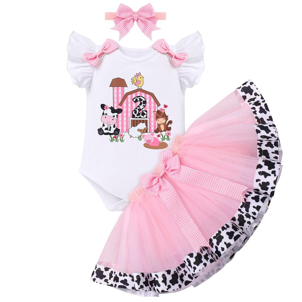 Farm Animal Cake Smash Outfit Girl Barnyard Second 2nd Birthday Outfits Romper Tutu Skirt Baby Gingham Dress Headband Toddler Holy Cow Im Two Party Clothes Cowgirl Photoshoot Pink 2T