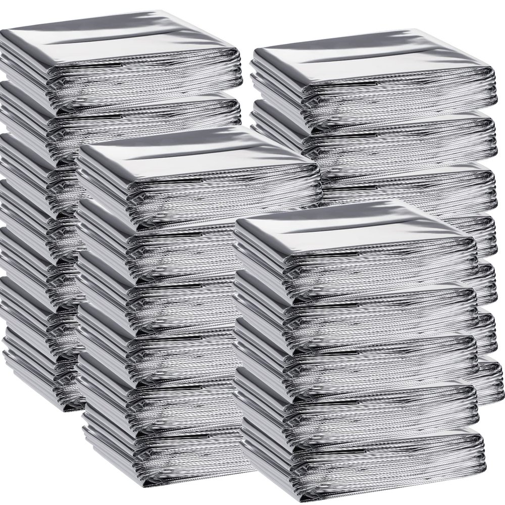 Macarrie 100 Pack Emergency Thermal Blankets Silver Foil Survival Blanket Kit for Outdoors, Camping, Hiking, Homeless, First Aid