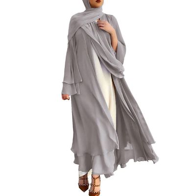 Abayas Muslim Dress for Women Long Sleeve Islamic Abaya Dubai Kaftan Dresses Middle East Prayer Dress Open Front Maxi Cardigan Robe Dress Prayer Clothes for Muslim Women with Hijab Scarf Gray M