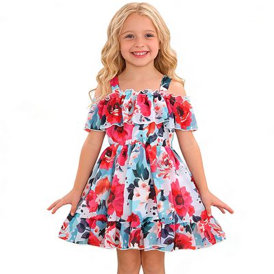 AGQT Toddler Girls Summer Off Shoulder Floral Dress Boho Princess Chiffon Ruffle Sundress for Beach Wedding Vacation Blue 1-2T