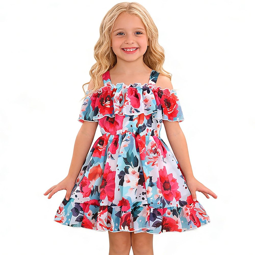 AGQT Toddler Girls Summer Off Shoulder Floral Dress Boho Princess Chiffon Ruffle Sundress for Beach Wedding Vacation Blue 1-2T