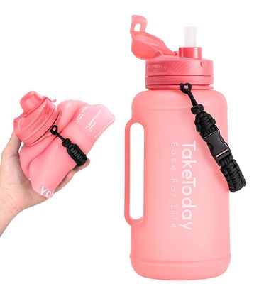 TakeToday 68 oz Collapsible Water Bottles With Straw, Half Gallon Water Bottle With Motivational Time Marker, Large Reusable Silicone Water Jug With Paracord Handle For Sports, Outdoors (Pink)