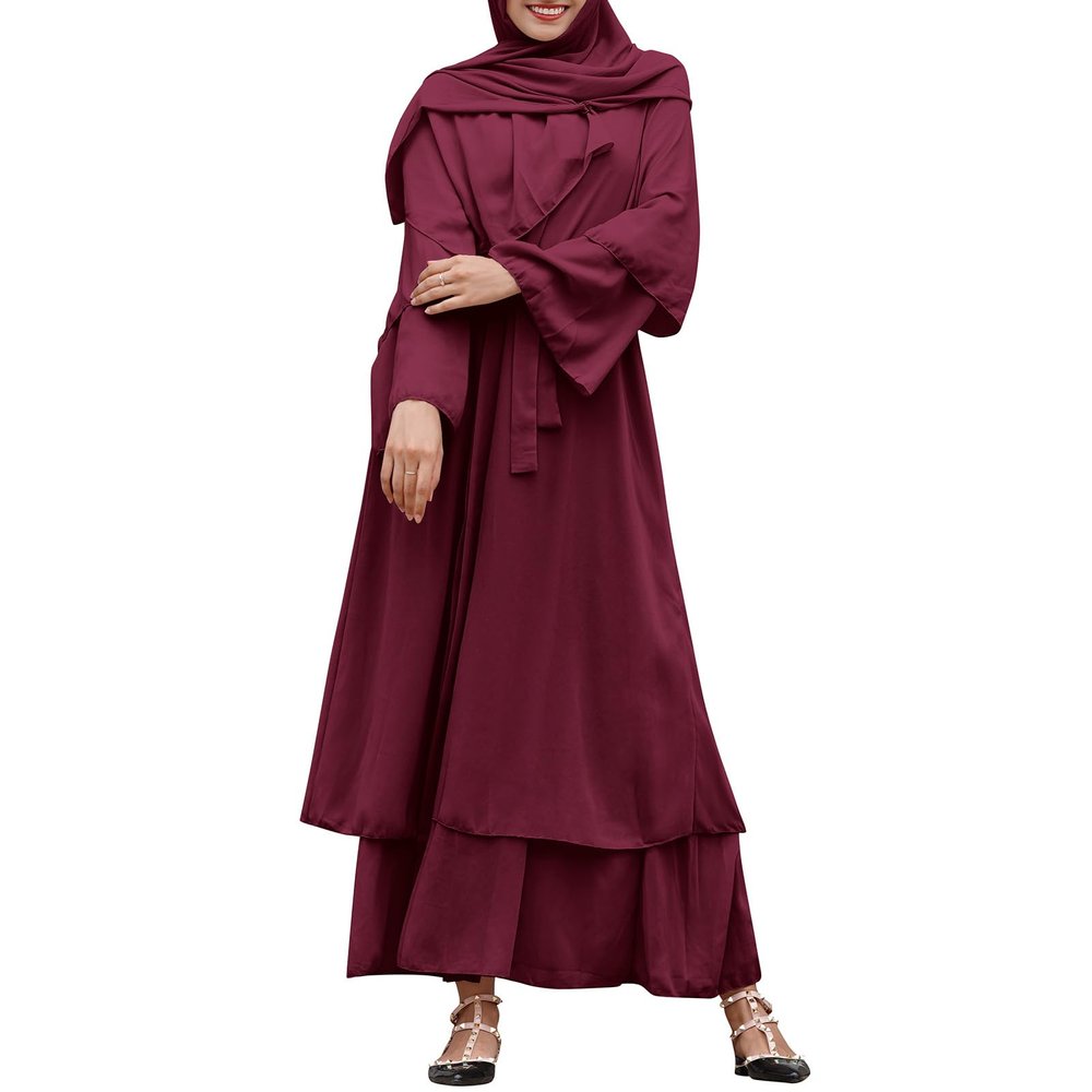 Abayas Muslim Dress for Women Long Sleeve Islamic Abaya Dubai Kaftan Dresses Middle East Prayer Dress Open Front Maxi Cardigan Dress Modest Abaya Robe Gown Prayer Clothes for Muslim Women Wine Red XL