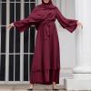 Abayas Muslim Dress for Women Long Sleeve Islamic Abaya Dubai Kaftan Dresses Middle East Prayer Dress Open Front Maxi Cardigan Dress Modest Abaya Robe Gown Prayer Clothes for Muslim Women Wine Red XL view 2