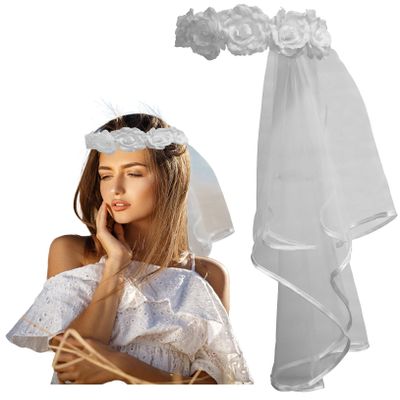 Nicky Bigs Novelties White Bridal Flower Crown with Veil - Women Bachelorette Bride Veil Party Headband - Communion Shower Headdress Accessory - Halloween Ghost Corpse Costume