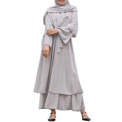 Abayas Muslim Dress for Women Long Sleeve Islamic Abaya Dubai Kaftan Dresses Middle East Prayer Dress Open Front Maxi Cardigan Dress Modest Abaya Robe Gown Prayer Clothes for Muslim Women Gray L