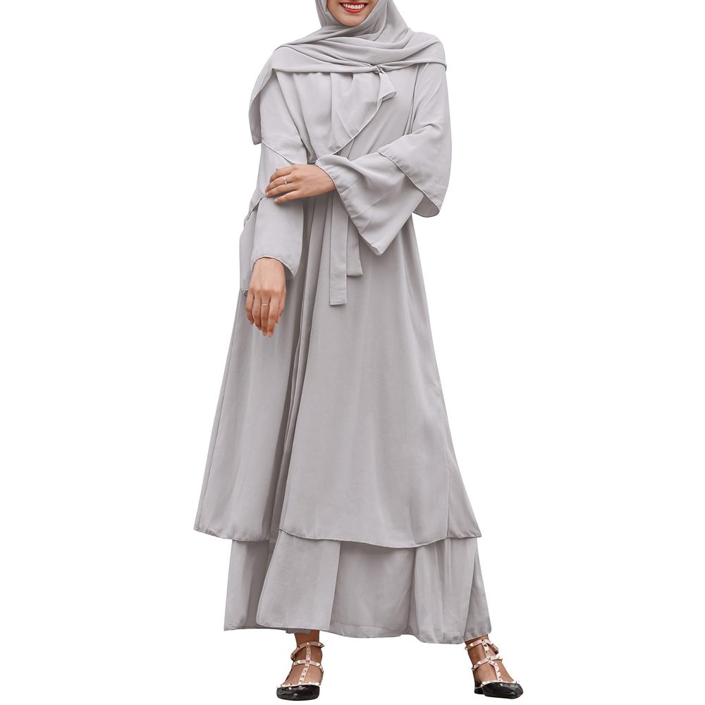 Abayas Muslim Dress for Women Long Sleeve Islamic Abaya Dubai Kaftan Dresses Middle East Prayer Dress Open Front Maxi Cardigan Dress Modest Abaya Robe Gown Prayer Clothes for Muslim Women Gray M