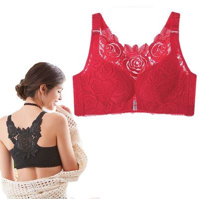 Floral Secrets Comfort Rose Bra Floral Secrets No Wire Bra Sexy Push Up Bra Front Closure Brassiere Wireless Bras for Women (Red,40/90CDE)