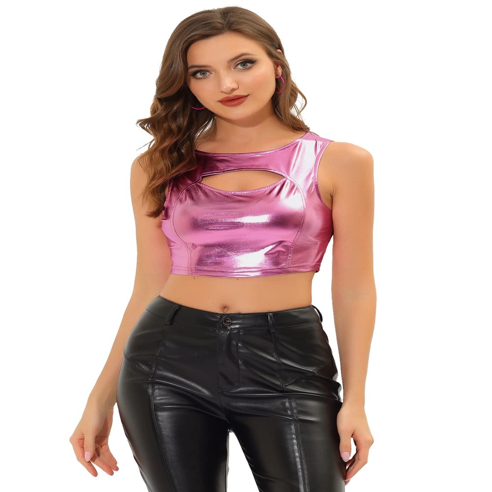 Allegra K Metallic Crop Top for Women's Sleeveless Cut Out Party Clubwear Holographic Tank Tops X-Large Hot Pink