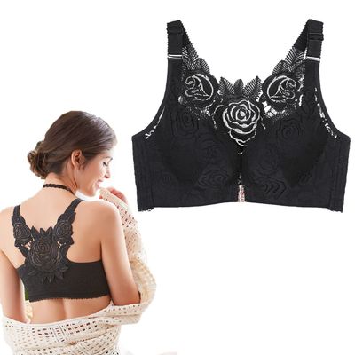 Floral Secrets Comfort Rose Bra Floral Secrets No Wire Bra Sexy Push Up Bra Front Closure Brassiere Wireless Bras for Women (Black,40/90AB)