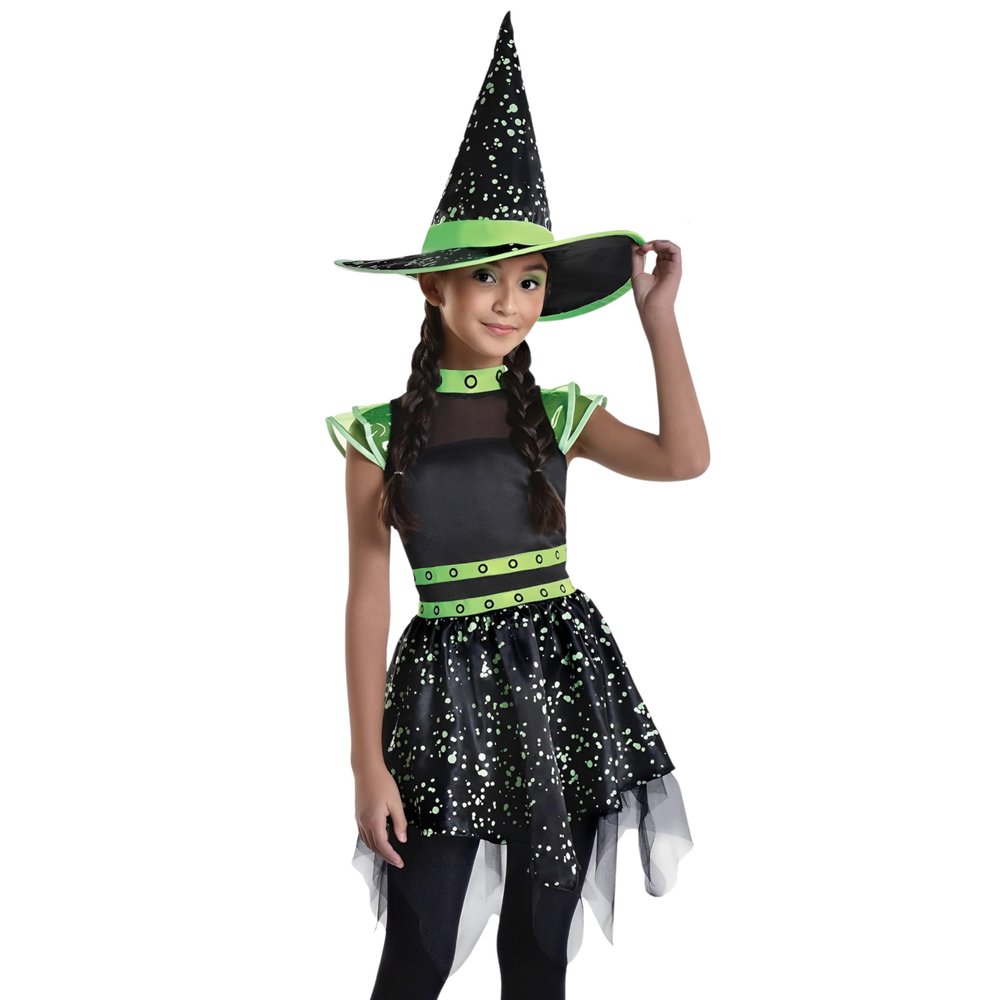Glow-in-the-Dark Black & Green Midnight Mischief Witch Small Costume (4-6) - 1 Set - Perfect Party Dress Up