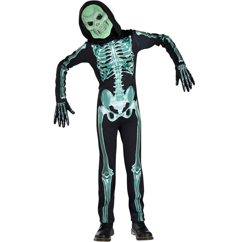 Glow-in-the-Dark Skeleton Costume Set - Standard Size - Includes Jumpsuit, Mask, & Gloves - Perfect for Halloween & Theme Parties Dress-Up Fun