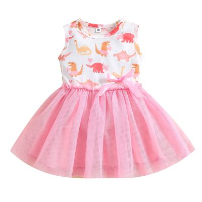 Sleeveless Dinosaur Princess Kids Toddler Baby Bow Girls Tulle Dresses Patchwork Girls Dresses for (Pink, 1-2 Years)