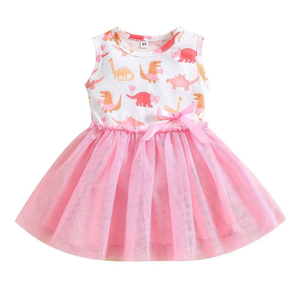 Sleeveless Dinosaur Princess Kids Toddler Baby Bow Girls Tulle Dresses Patchwork Girls Dresses for (Pink, 1-2 Years)