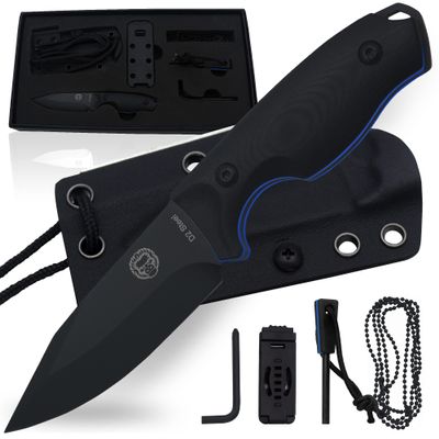 Holtzman's Gorilla Survival Baby Silverback Fixed Blade Hunting Knife with Kydex Sheath & Ferro Rod (Black+Blue) - Ideal for Camping and Outdoor Adventures