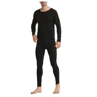 Men Two-Piece Suit Long Sleeve O Neck Blouse Thermal Underwear Stretch Soft and Warm Top and Cotton Brief (Black, M)