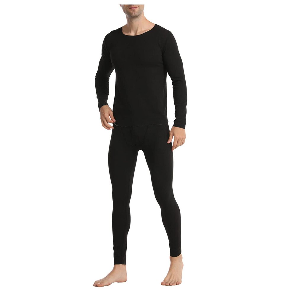 Men Two-Piece Suit Long Sleeve O Neck Blouse Thermal Underwear Stretch Soft and Warm Top and Cotton Brief (Black, M)