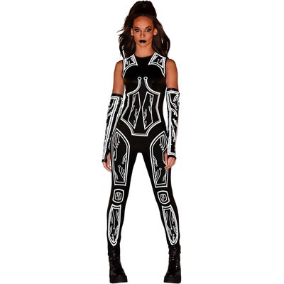 Cyberpunk Catsuit For Women - Size Small/Medium - Bold Black & White Print Design, Perfect For Halloween, Costume Parties & Themed Events - 1 Pc
