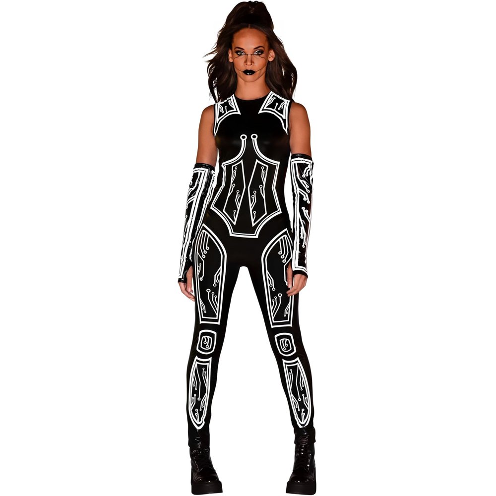 Cyberpunk Catsuit For Women - Size Small/Medium - Bold Black & White Print Design, Perfect For Halloween, Costume Parties & Themed Events - 1 Pc