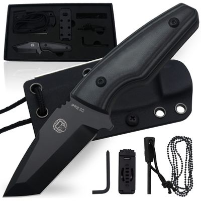 Holtzman's Gorilla Survival Tanto Fixed Blade Neck Knife with Kydex Sheath & Ferro Rod (Black) - Ideal for Outdoor Activities and Everyday Carry