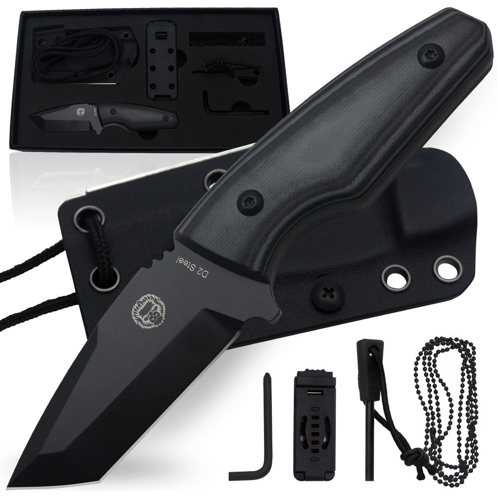Holtzman's Gorilla Survival Tanto Fixed Blade Neck Knife with Kydex Sheath & Ferro Rod (Black) - Ideal for Outdoor Activities and Everyday Carry