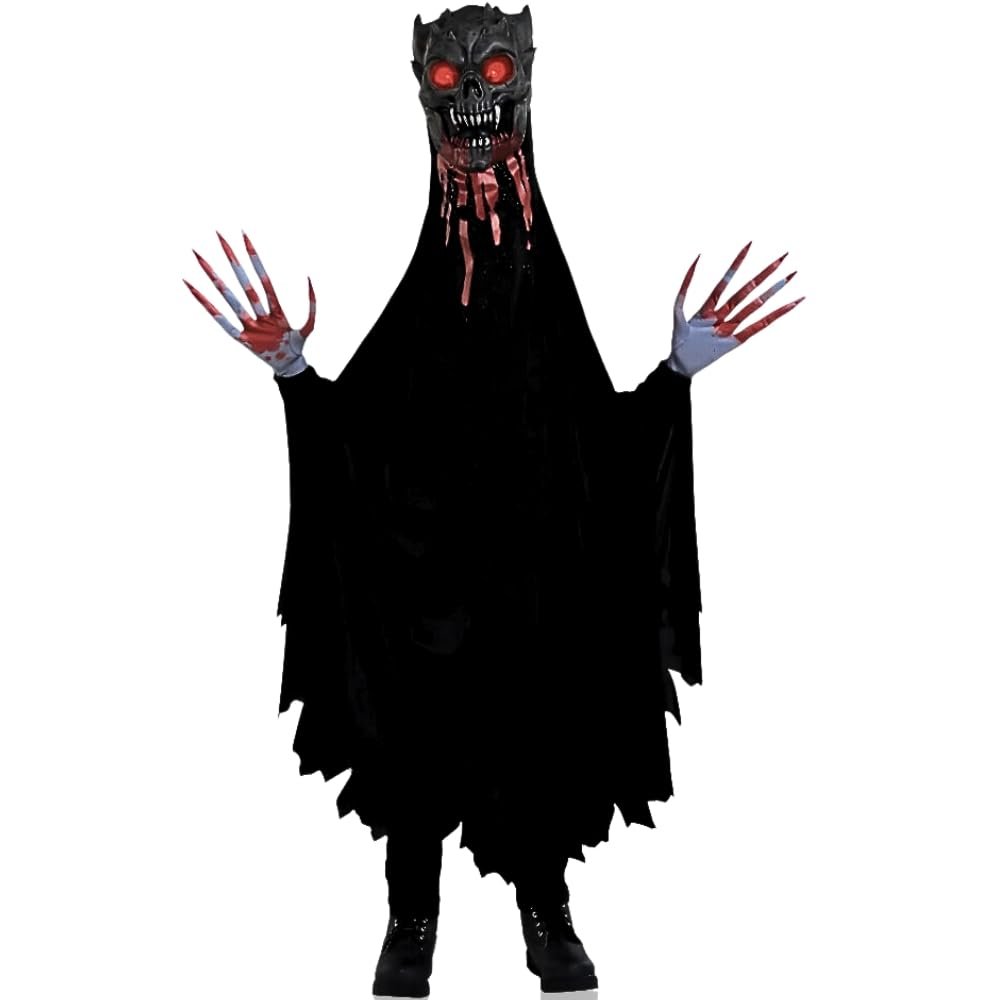 Illusion Robed Ghoul Costume - Large (12-14) - Black/Grey/Red Premium Polyester, Uniquely Creepy & Perfect for Halloween - 1 Pc.