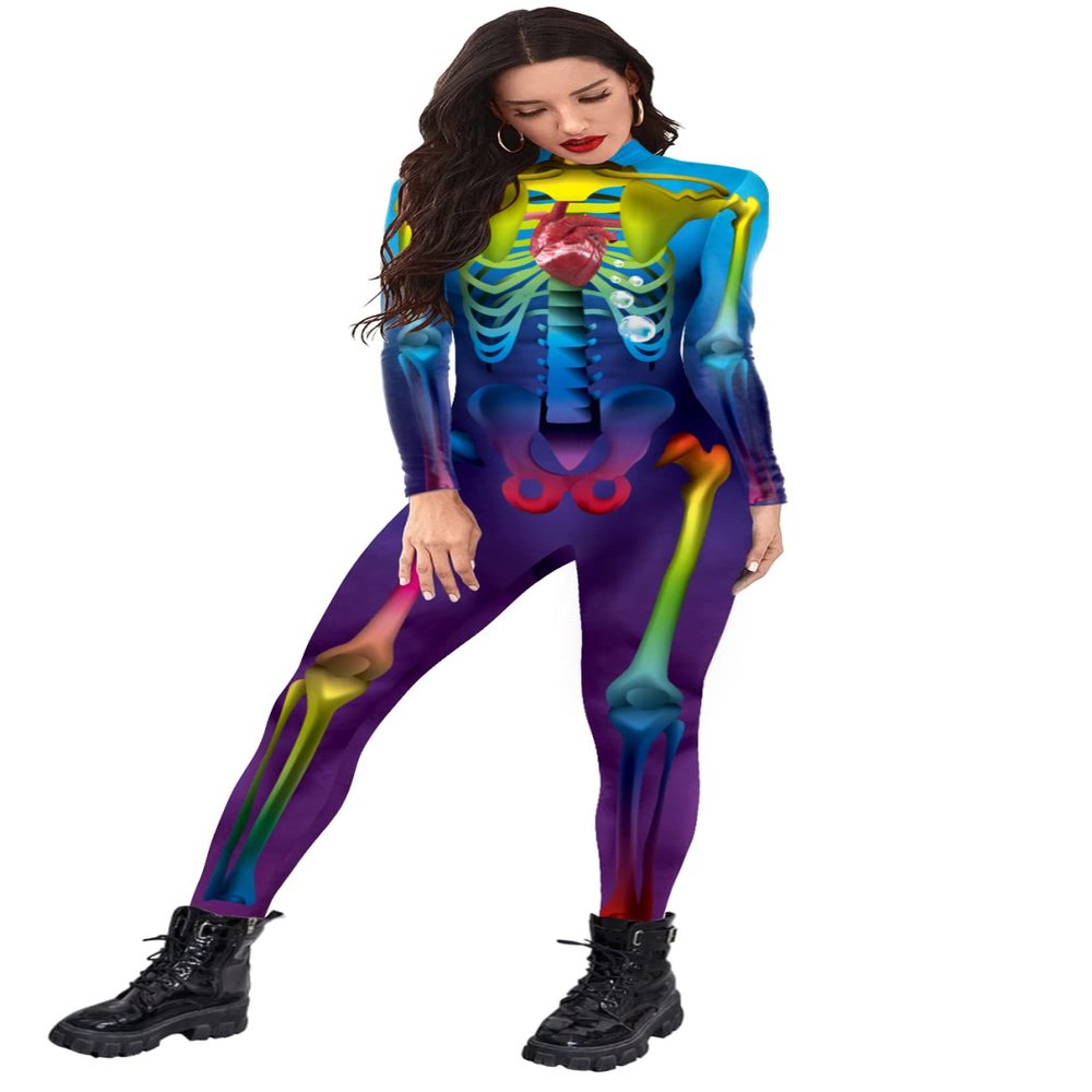 Honeystore Women's Skeleton Bodysuit Halloween Costume Bodycon Catsuit Jumpsuit B142-340 L