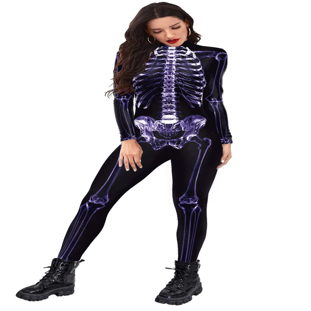 Honeystore Women's Skeleton Bodysuit Halloween Costume Bodycon Catsuit Jumpsuit B142-341 XL