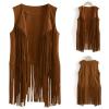 Womens Vintage Western Fringe Vest Tops Classic Suede Leather 70s Cowboy Shirt Sleeveless Tassels Cardigan Jackets Khaki view 3