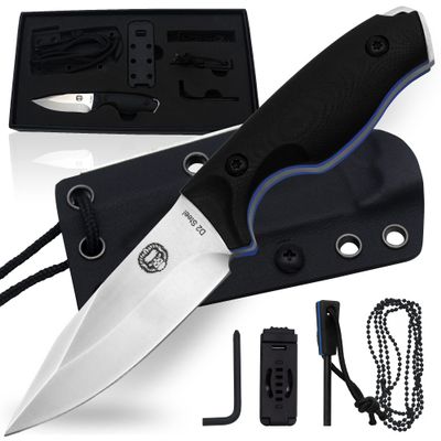 Holtzman's Gorilla Survival Baby Silverback Fixed Blade Hunting Knife with Kydex Sheath & Ferro Rod (Silver+Blue) - Ideal for Camping and Outdoor Adventures