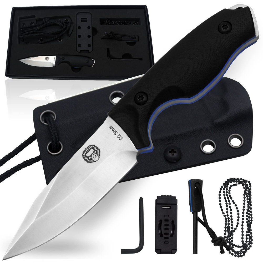 Holtzman's Gorilla Survival Baby Silverback Fixed Blade Hunting Knife with Kydex Sheath & Ferro Rod (Silver+Blue) - Ideal for Camping and Outdoor Adventures