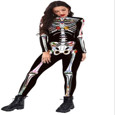 Honeystore Women's Skeleton Bodysuit Halloween Costume Bodycon Catsuit Jumpsuit B142-339 L