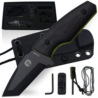 Holtzman's Gorilla Survival Tanto Fixed Blade Neck Knife with Kydex Sheath & Ferro Rod (Black+Green) - Ideal for Outdoor Activities and Everyday Carry