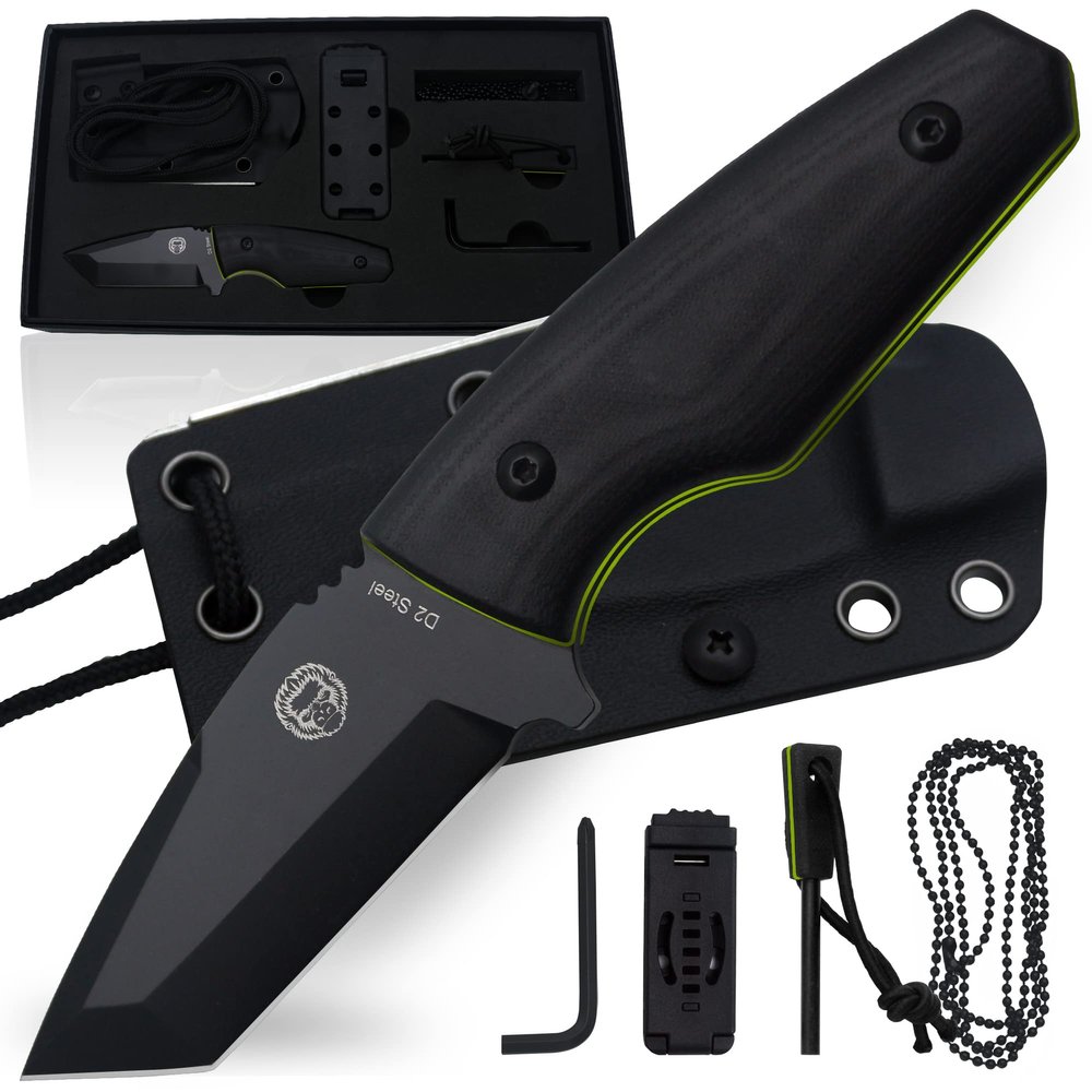 Holtzman's Gorilla Survival Tanto Fixed Blade Neck Knife with Kydex Sheath & Ferro Rod (Black+Green) - Ideal for Outdoor Activities and Everyday Carry