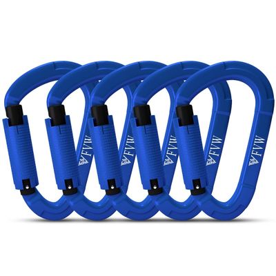 FVW 5 Pack Heavy Duty Climbing Carabiners, 25KN UIAA Certified Auto Locking Rock Climbing Clips for Hammocks, Swing, Locking Dog Leash and Harness, Camping, Hiking & Utility, D-Shaped, (Blue)
