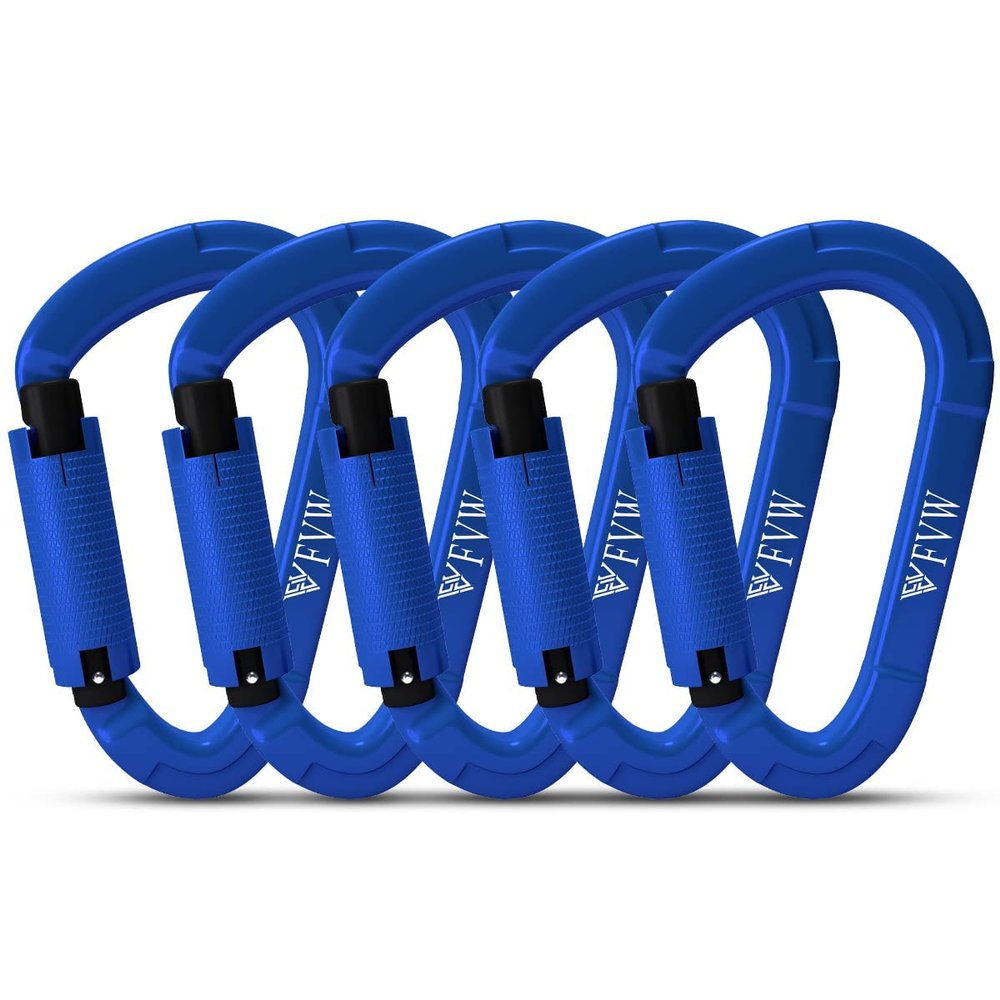 FVW 5 Pack Heavy Duty Climbing Carabiners, 25KN UIAA Certified Auto Locking Rock Climbing Clips for Hammocks, Swing, Locking Dog Leash and Harness, Camping, Hiking & Utility, D-Shaped, (Blue)