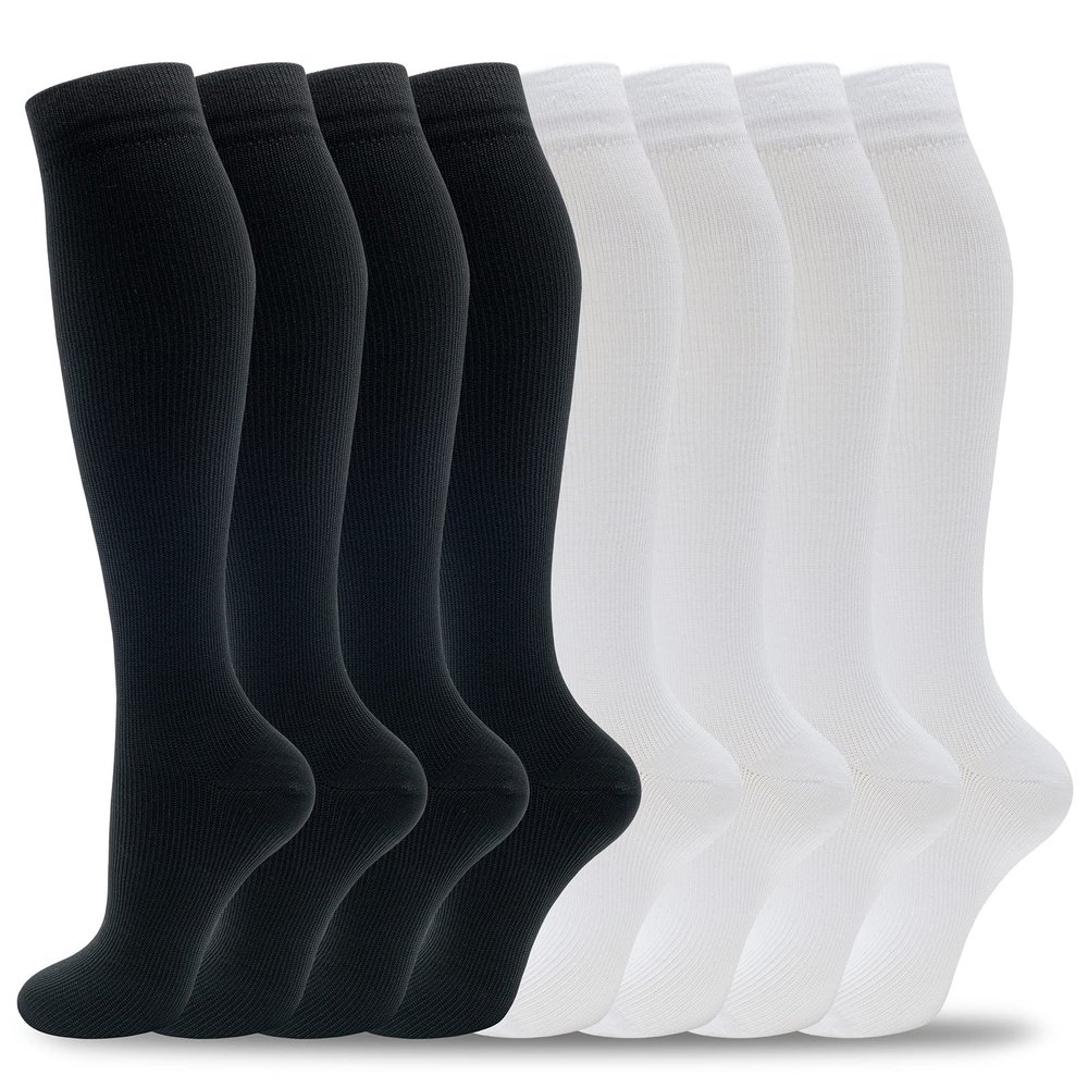 fenglaoda 8 Pairs Compression Socks for Men & Women 20-30 mmHg Knee High Nurse Pregnant Running Medical and Travel Athletic(L/XL,Black White)