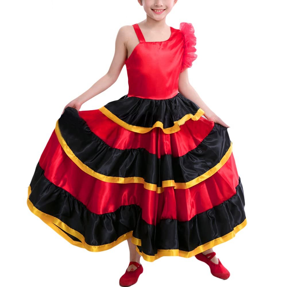 Libaobaoyo Girls Flamenco Dancer Outfit Satin Full Circle Bull Dance Dress Maxi Length Performance Dancewear (as1, Age, 3_Years, 4_Years, 3-4 T)