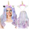 Janinka 3 Pcs Halloween Unicorn Wig Mermaid Face Jewels Set Long Curly Wavy Rainbow Hair Wig Unicorn Supplies Rhinestones Eyes Stickers for Cosplay Music Festival view 1