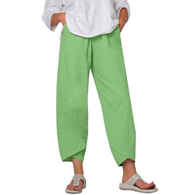 LIUguoo 2024 Summer Pants for Women Casual Pockets Cotton Linen Wide Leg Drawstring Elastic Waist Capris Crop Pants Slacks Green