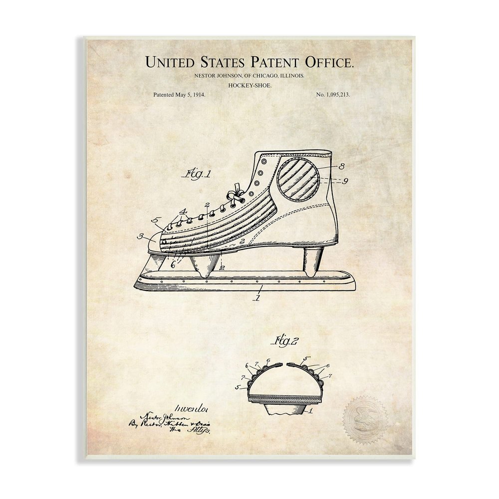 Stupell Industries Hockey Skate Shoe Labeled Diagram Patent Text, Design by Karl Hronek, Beige, 13 x 19