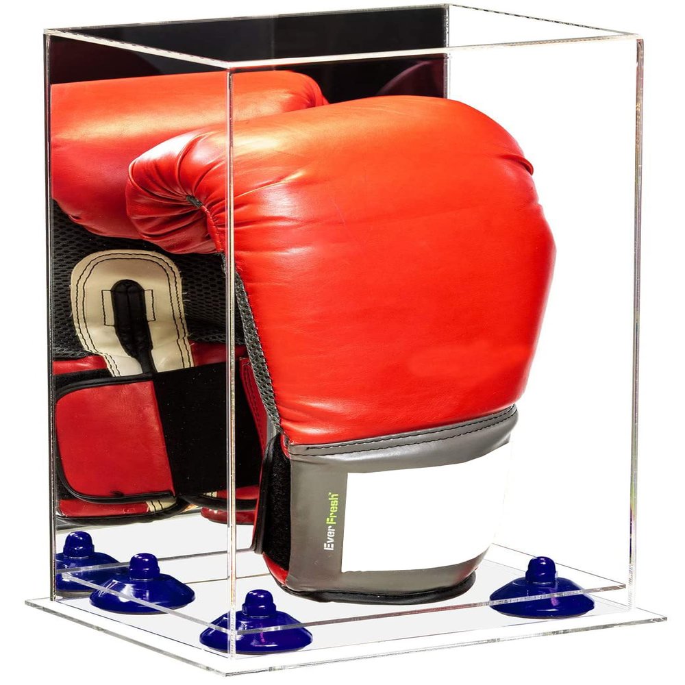 Better Display Cases Acrylic Vertical Boxing Glove Display Case with Mirror Case,Navy Blue Risers and Clear Base - 8" x 6" x 14" (A092/V18)