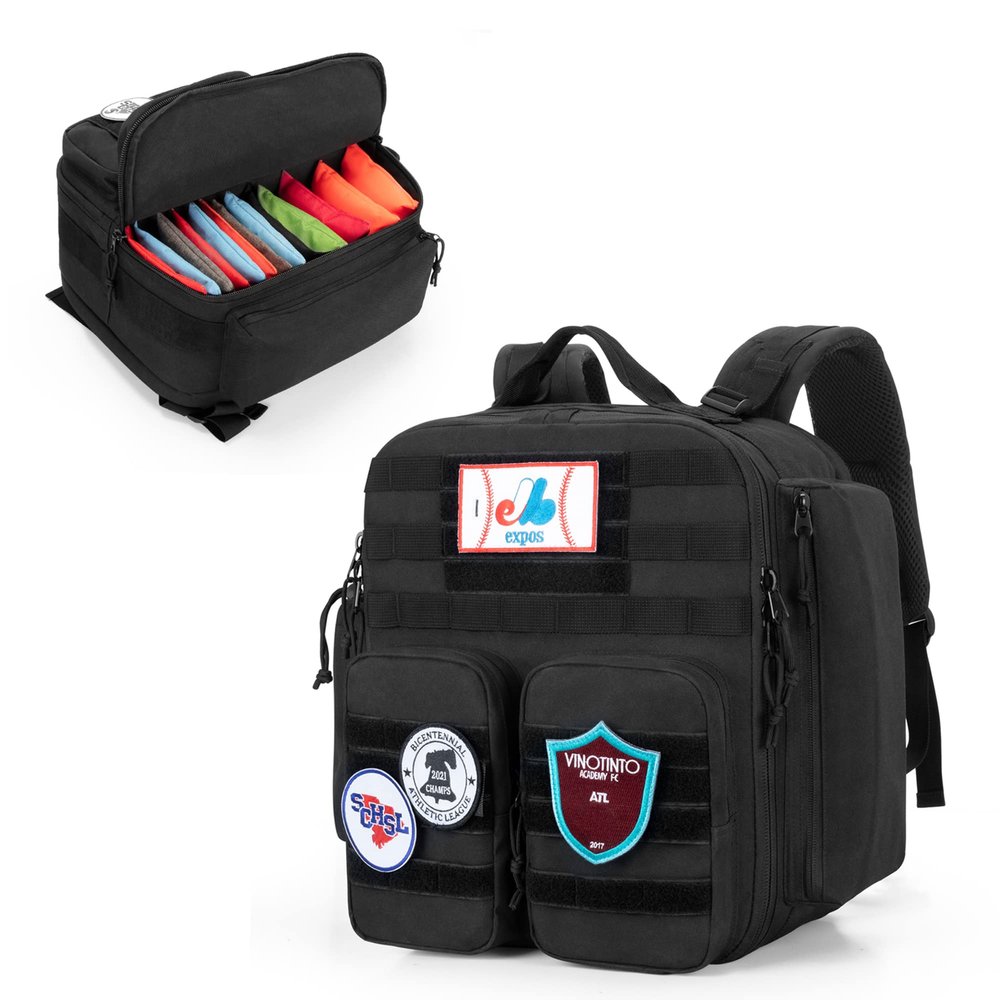 DSLEAF Cornhole Backpack Holds 16-24 Cornhole Bags, Cornhole Patch Bag with Padded Shoulder Straps and Extra Pockets for Tossing Games (Patent Design)