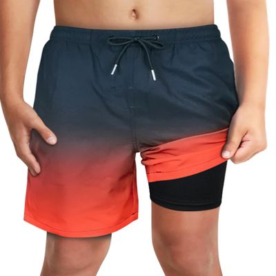 Boys Black Red Ombre Swim Trunks with Boxer Brief Liner Anti Chafe No Binding Swimming Shorts Compression Lined 4-Way Stretchy UPF Quick Dry Bathing Suit Size 14-16